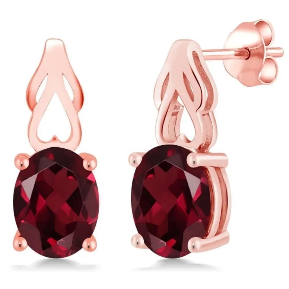 18K Rose Gold 925 with 4.00 Cttw Rhodolite Garnet Oval Post Back Drop Earrings